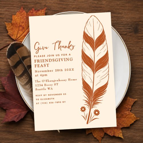 Cream Minimalist Feather Thanksgiving Dinner Invitation