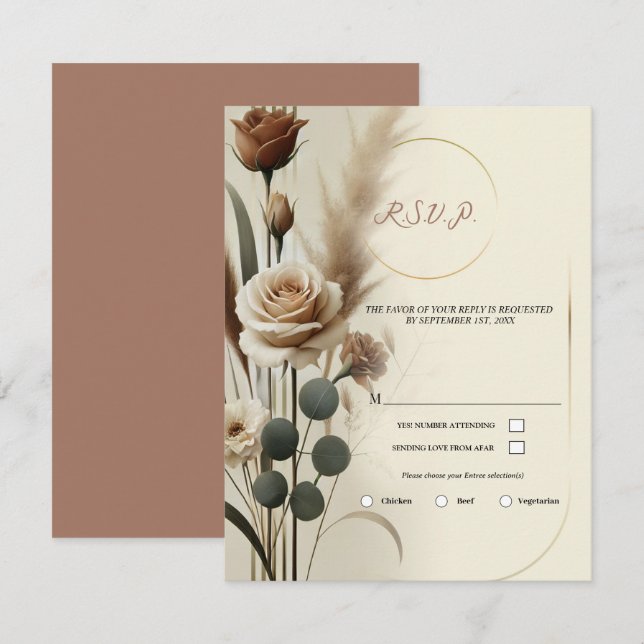 Cream & Mocha Geometric Floral Wedding RSVP Invitation (Front/Back)