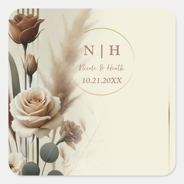 Cream & Mocha Neutral Geometric Floral Wedding Square Sticker (Front)
