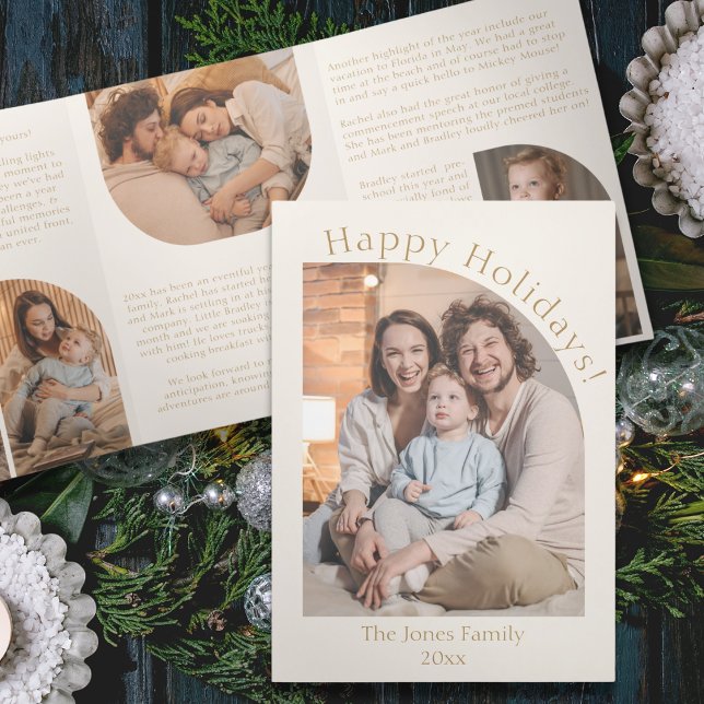 Cream Modern Arch Year in Review Family Update Tri-Fold Holiday Card (happy holidays year in review trim-fold christmas card family newsletter update modern simple photo )