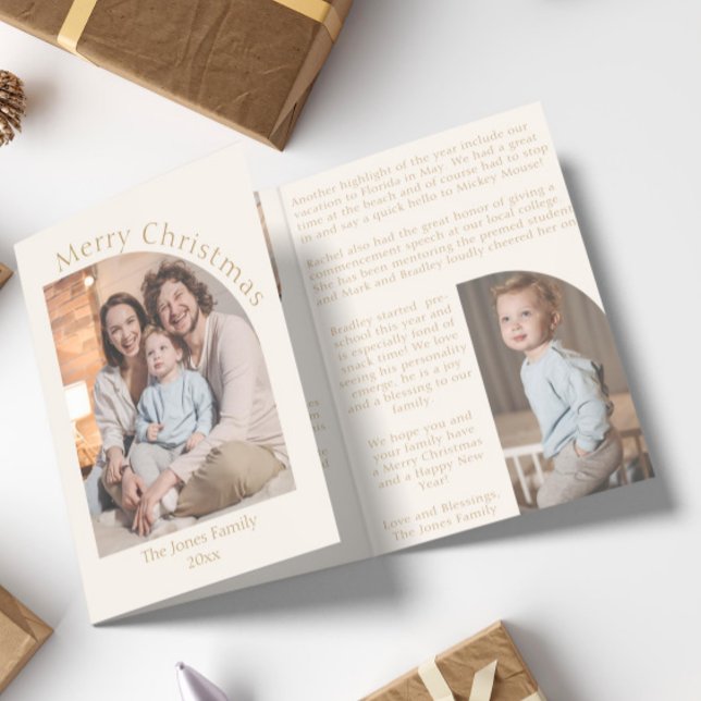 Cream Modern Arch Year in Review Family Update Tri-Fold Holiday Card (cream and gold arch photo modern boho year in review christmas card family newsletter)
