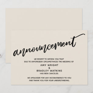 Cream Modern Handwriting Canceled Wedding Card