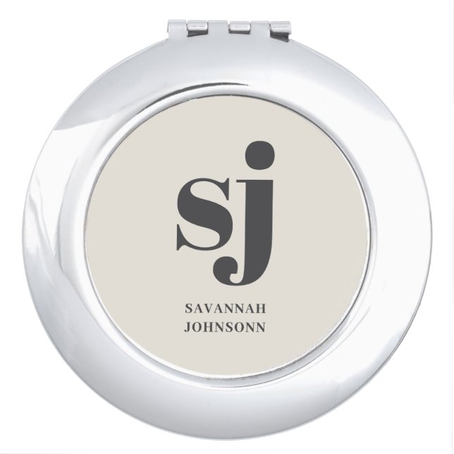 Cream monogram initials  compact mirror (Front)