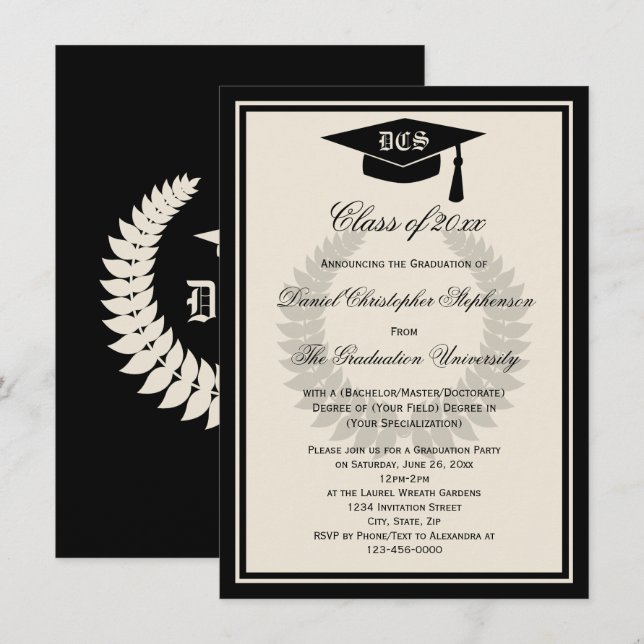 Cream Monogram Laurel Classic College Graduation Invitation (Front/Back)