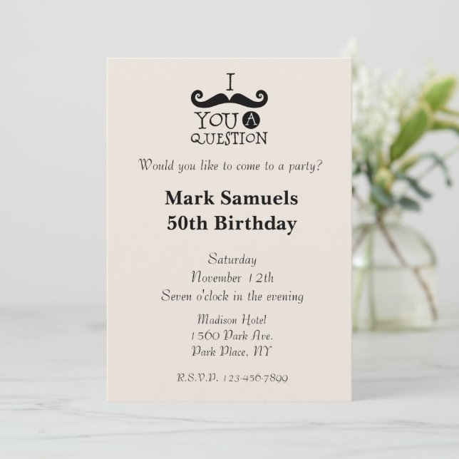 Cream Mustaches 50th Birthday Invitation (Standing Front)
