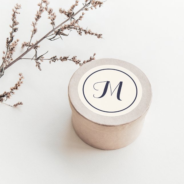 Cream & Navy Blue Calligraphy Initial Monogram Classic Round Sticker (Creator Uploaded)