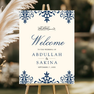 Cream Navy Blue Damask Muslim Wedding Welcome Sign