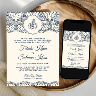 Cream Navy Blue Lace Islamic Muslim Wedding Invitation