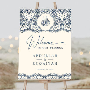 Cream Navy Blue Lace Muslim Wedding Welcome Sign