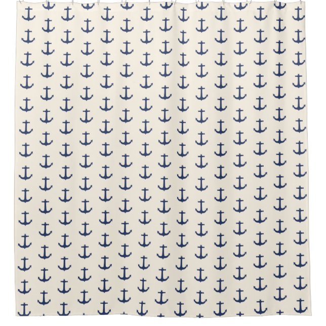 Cream Navy Blue Nautical Anchor Shower Curtain (Front)