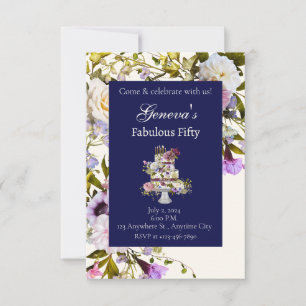 Cream & Navy Floral Cake Birthday Invitation