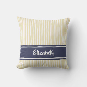 Cream Navy Hand Drawn Stripe Name Throw Pillow