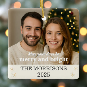 Cream Neutral & Gold Family Photo Snowflake  Ceramic Ornament