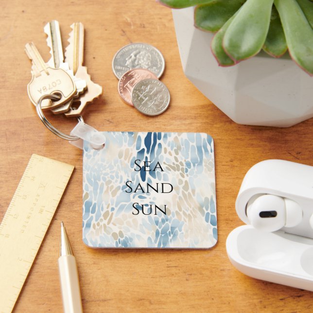 Cream Ocean Blue Abstract Beach Animal Print Keychain (Desk)