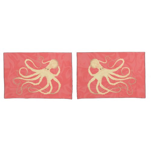 Cream Octopus on Coral _ 2 Standard Pillowcases