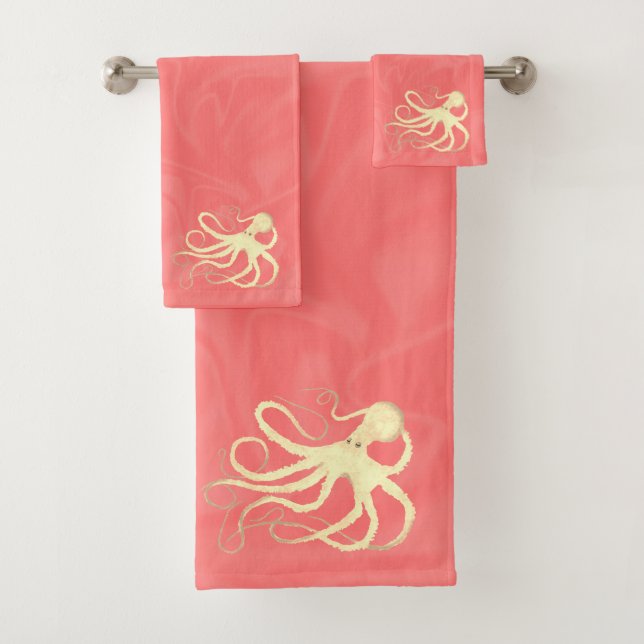 Cream Octopus on Coral - Bathroom Towel Set (Insitu)