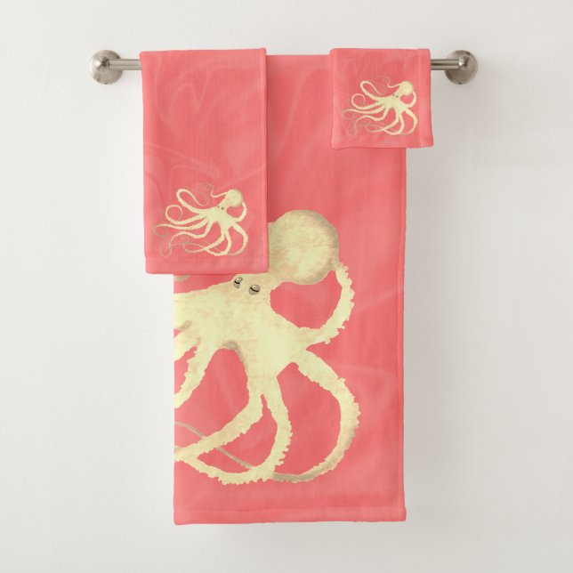 Cream Octopus on Coral II - Bathroom Towel Set (Insitu)