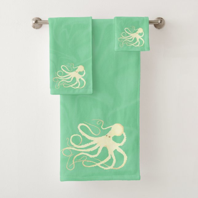 Cream Octopus on Mint - Bathroom Towel Set (Insitu)