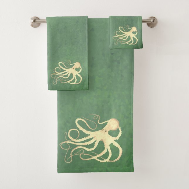Cream Octopus on Sage - Bathroom Towel Set (Insitu)