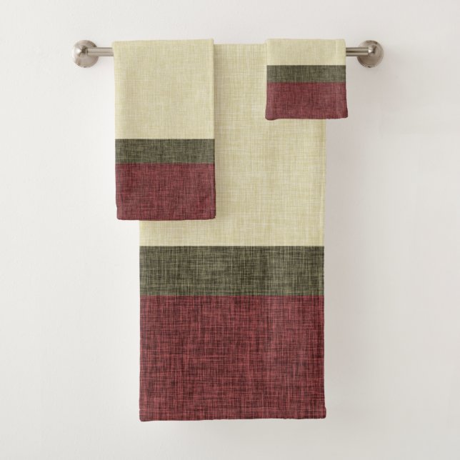 Cream Olive Burgundy Simple Stripe Crosshatch Bath Towel Set (Insitu)