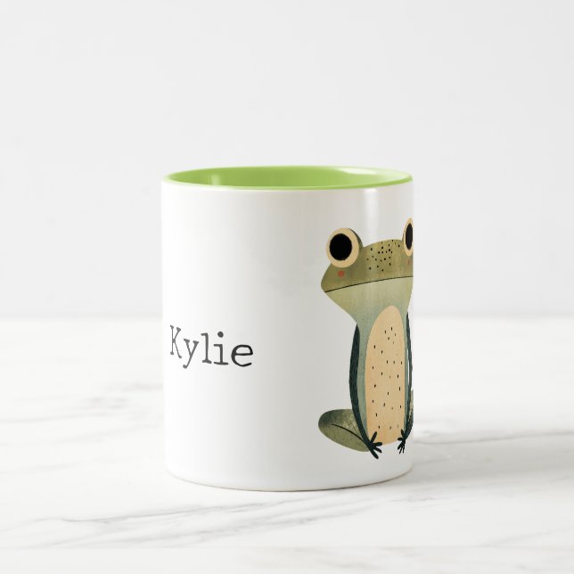 Cream Olive Green Frog Name Two-Tone Coffee Mug (Center)