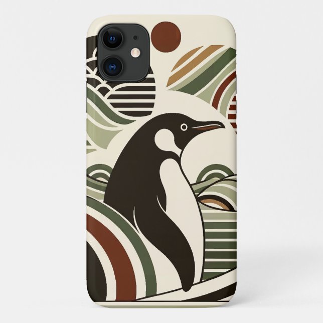 Cream Olive Green Maroon Penguin Waves In Art Deco Case-Mate iPhone Case (Back)