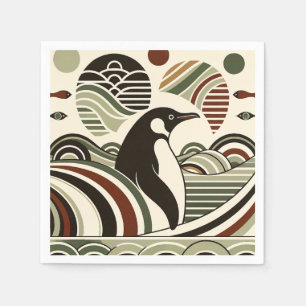 Cream Olive Green Maroon Penguin Waves In Art Deco Napkins