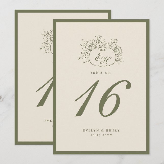 Cream Olive Monogram Wedding Table Number (Front/Back)