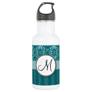 Cream on Teal Damask with Stripes and Monogram Water Bottle