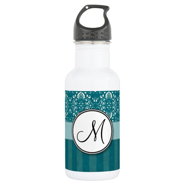 Cream on Teal Damask with Stripes and Monogram Water Bottle (Front)