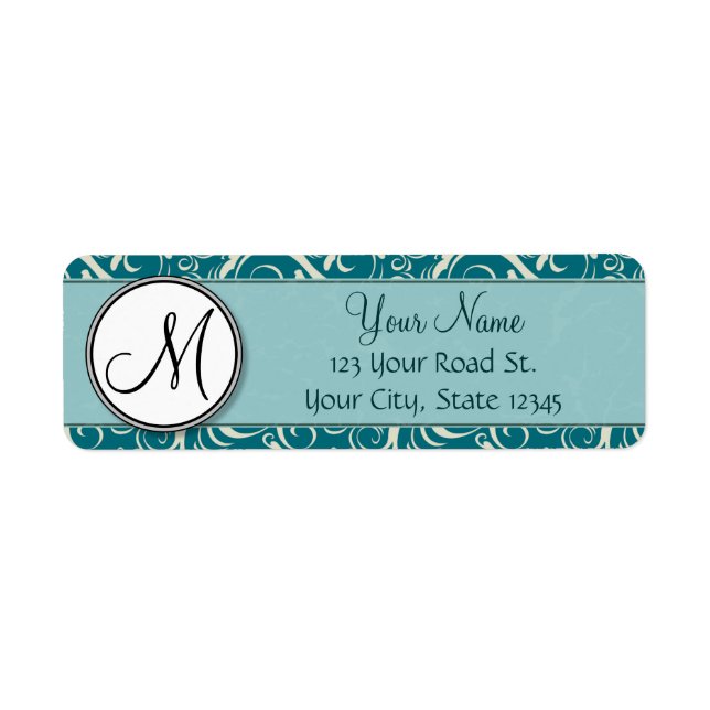 Cream on Teal Floral Wisps & Stripes with Monogram Label (Front)