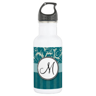 Cream on Teal Floral Wisps & Stripes with Monogram Water Bottle