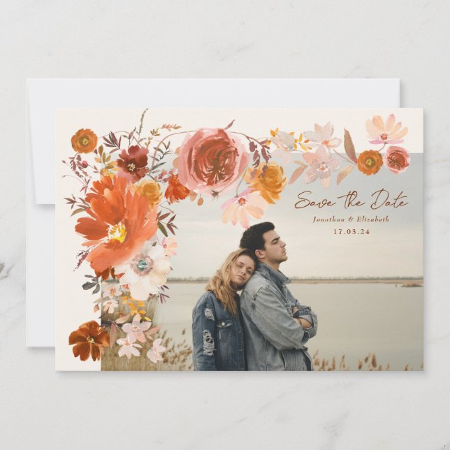 Cream Orange Floral Frame Bouquet Wedding Photo Save The Date (Front)