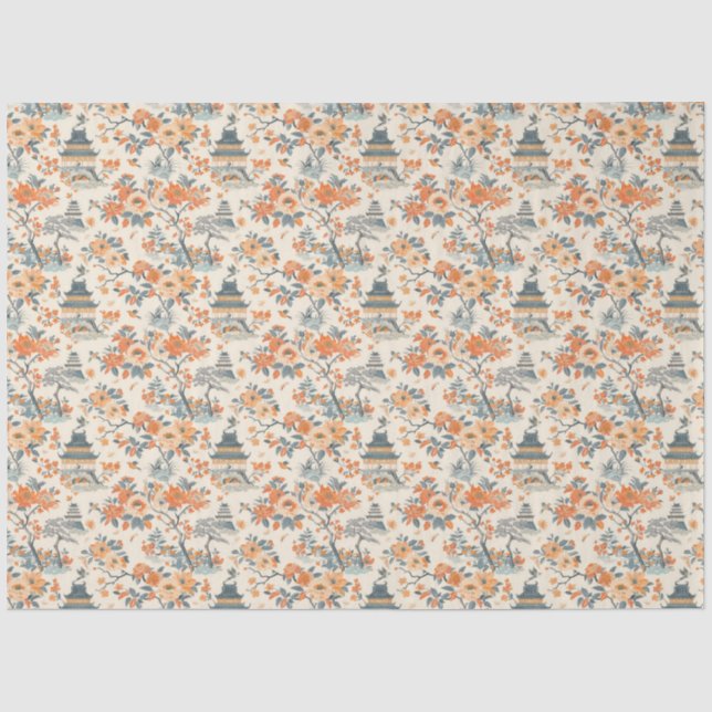 Cream Orange Floral House Chinoiserie Tissue Paper (Front)