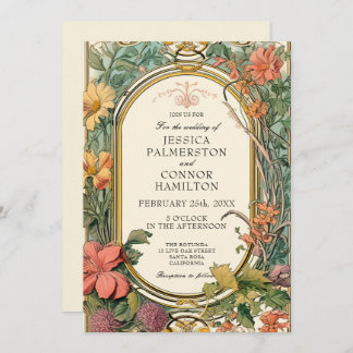 Cream Orange Green Vintage Floral Wedding Invitation