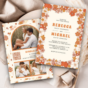 Cream Orange Groovy Retro Wildflower Wedding Invitation