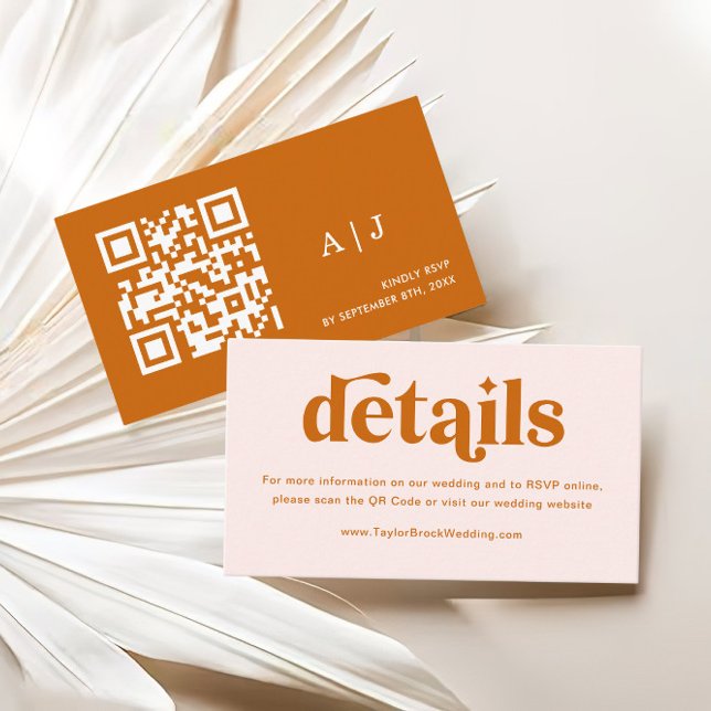 Cream Orange Retro 70s Boho Wedding Website Enclosure Card (Creator Uploaded)