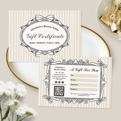 Cream Ornate Bow Frame Salon Gift Certificate