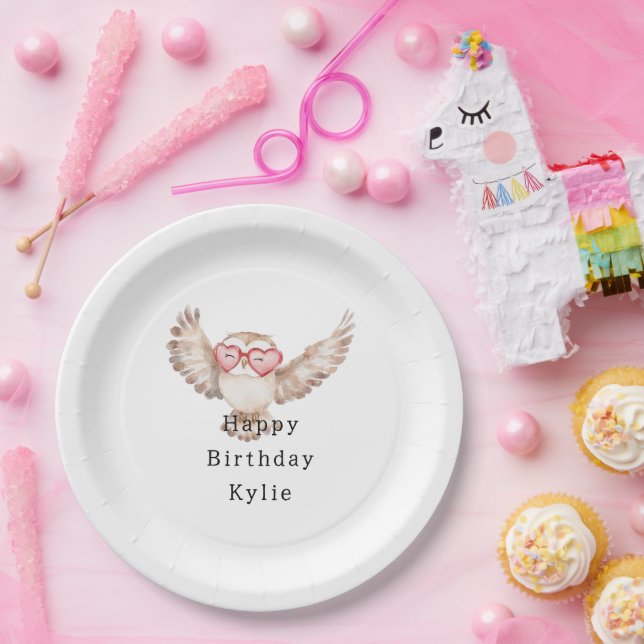 Cream Owl Heart Glasses Birthday Paper Plates (Party)