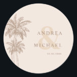 Cream Palm Trees & Ampersand Names Wedding Classic Round Sticker<br><div class="desc">Celebrate your wedding with these pretty stickers,  featuring drawn palm trees and your custom text. Easily add your own details by clicking on the "personalize" option.</div>