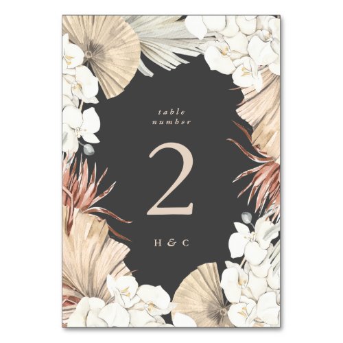 Cream Pampas Charcoal Grass Floral Jungle Wedding Table Number