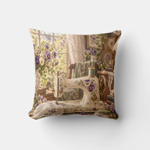Cream Pansy Sewing Machine Vintage Flower Room Throw Pillow