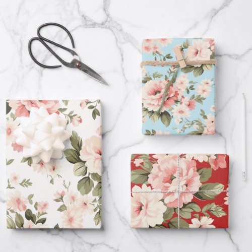 Cream pastel roses red blue and light wrapping paper sheets