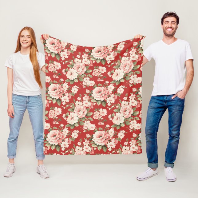 Cream pastel roses  red fleece blanket (In Situ)