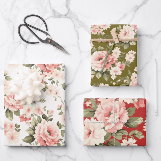 Cream pastel roses red, green and light wrapping paper sheets (Front)