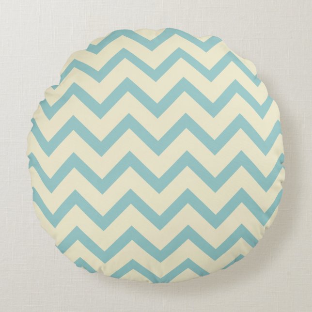 Cream & Pastel Teal Chevron Zigzag Pattern Round Pillow (Front)