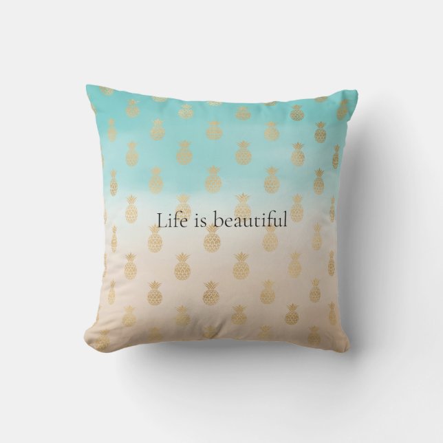 Cream Peach Aqua Ombre Gold Pineapples     Throw Pillow (Front)