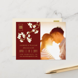 Cream Peach Blossom Chinese Wedding Save The Date Announcement Postcard