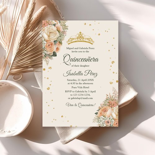 Cream Peach Floral and Gold Tiara Quinceanera  Invitation