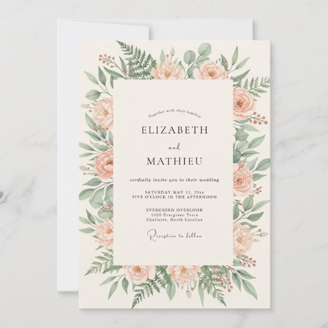 Cream Peach Floral Arch Wedding Invitation (Front)